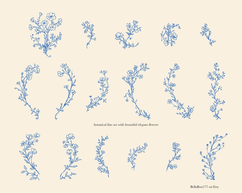 May include: A set of 14 blue floral illustrations, featuring delicate line art of flowers and branches. The illustrations are perfect for adding a touch of elegance to any design project.