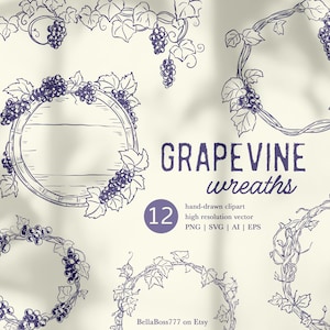 Clipart de couronnes de vigne, Clipart Couronne de mariage, Couronne de raisins, dessin au trait, logo clipart, mariage dans le vignoble, cadre vigne, Clipart Couronne