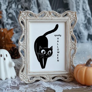 May include: A Halloween-themed print in a decorative white frame, with a black cat illustration and the words "spooky HALLOWEEN". An orange pumpkin and a white ghost ornament are placed nearby. The scene is set on a wooden surface with lace.