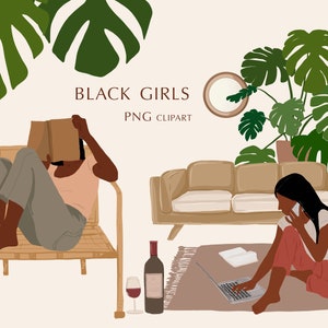 Schwarzes Mädchen Clipart, afrikanische amerikanische Frau Clipart, abstrakte Frau, Wand Kunstdruck, Boho Wand poster, Mädchen lesen Buch, Arbeit zu Hause