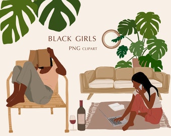 Black Girl Clipart, Afro American Woman Clipart, Abstract Woman, Wall Art Print, Boho Wall Poster, Girl Reading Book, Work At Home