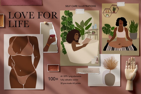 Love For Life, Woman Clipart, Black Girl Clipart, Brown Girl, Plant Illustrations, Abstract Woman Portraits, Self Care Clipart, Self Love