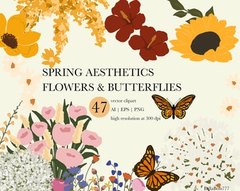 Floral Butterfly Clipart Set: Spring Flowers Vector Graphics (Digital Download)