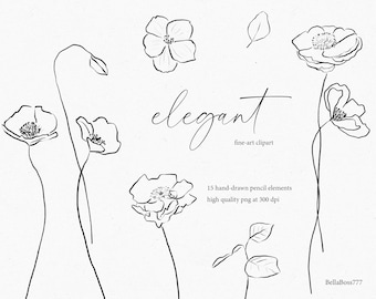 Floral Line Art, Line Art Clipart, Fine Art Flower, Botanical Line Art, Botanical Clipart, Wedding Line Art, Fine Art Wedding, Flowers Logo
