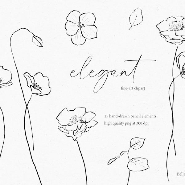 Floral Line Art, Line Art Clipart, Fine Art Flower, Botanical Line Art, Botanical Clipart, Wedding Line Art, Fine Art Wedding, Flowers Logo