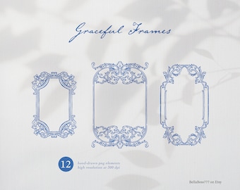 Wedding Frame Clipart, Fine Art, Line Art, Wedding Crest, Ornamental Frame, Crest Clipart, Crest Logo, Blue French Frames, Victorian Frames