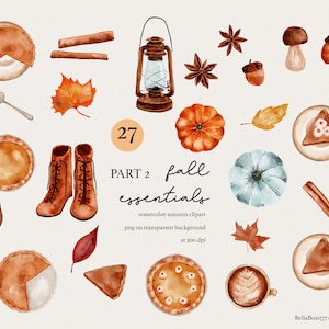Fall Clipart, Autumn Clipart, Watercolor Autumn, Pumpkin Pie, Pumpkin Clipart, Fall Leaves, Thanksgiving Clipart, Food Clipart, Coffee Art