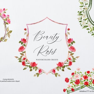 Floral Crest, Wedding Crest, Rose Clipart, Watercolor Roses, Watercolor Crest, Watercolor Frame, Floral Frame, Watercolor Flowers, Crests