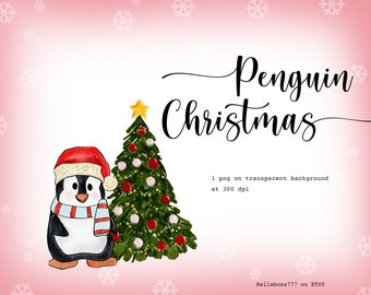 Penguin Christmas, Christmas Clipart, Watercolor Christmas, Hygge Christmas, Cute Penguin, Christmas Tree, Winter Clipart, Forest Pine Tree