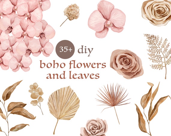Boho Flowers, Watercolor Roses, Pink Orchids, Wedding Clipart, Dried Leaves, Tropical Rose, Palm Leaves, Autumn Flowers, Pampas Grass