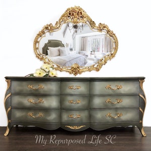 Custom order option! French Provincial Bombe Triple Dresser | Vintage Chest of Drawers | French Country Buffet| Ornate Media Console