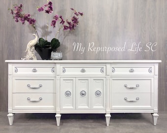 Custom order option! White/ Silver/ Hollywood Regency/ Dresser/ Credenza/ Buffet/ Serving Table/ Dining Room Storage/ Bedroom Storage