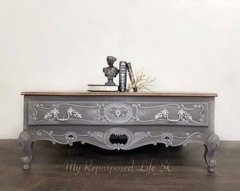 Custom order option! French Provincial/Gray and White/Shabby Chic/Boho/Beachy/Driftwood/Dry Brush Coffee Table/Storage/Living Room Furniture