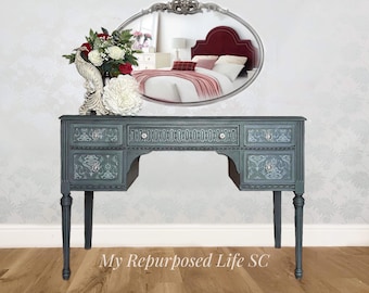 CUSTOM SAMPLE | Antique Desk | Glam Vanity | Blue and Damask Lace Makeup Table | Vintage Dressing Table | Silver Accents | Work Station