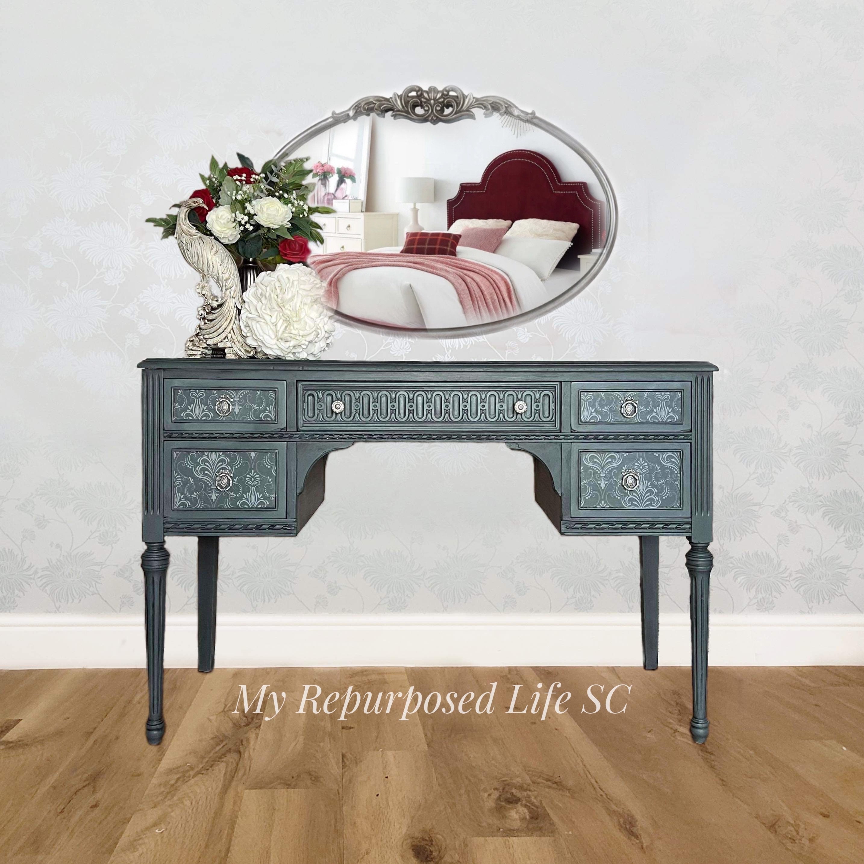 Antique Desk Glam Vanity Blue and Damask Lace Makeup Table Vintage Dressing Table Silver Accents