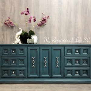 Custom order option! Blue teal silver damask black wax long triple dresser buffet console table entry table storage