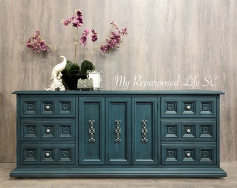Custom order option! Blue teal silver damask black wax long triple dresser buffet console table entry table storage