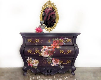 Custom order only! Elegant Bombe Style 3 Drawer Storage Chest | Floral Design Bombay Dresser | Hand Painted Purple and Gold Entry Table