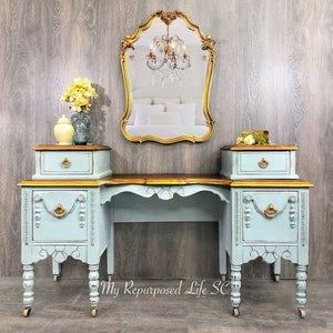 Custom order option! Elegant Lightly Distressed Vanity Dressing Table Makeup Table Blue and Antique Gold