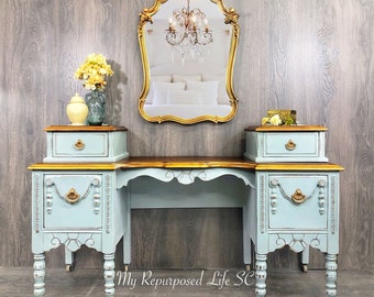 Custom order option! Elegant Lightly Distressed Vanity Dressing Table Makeup Table Blue and Antique Gold