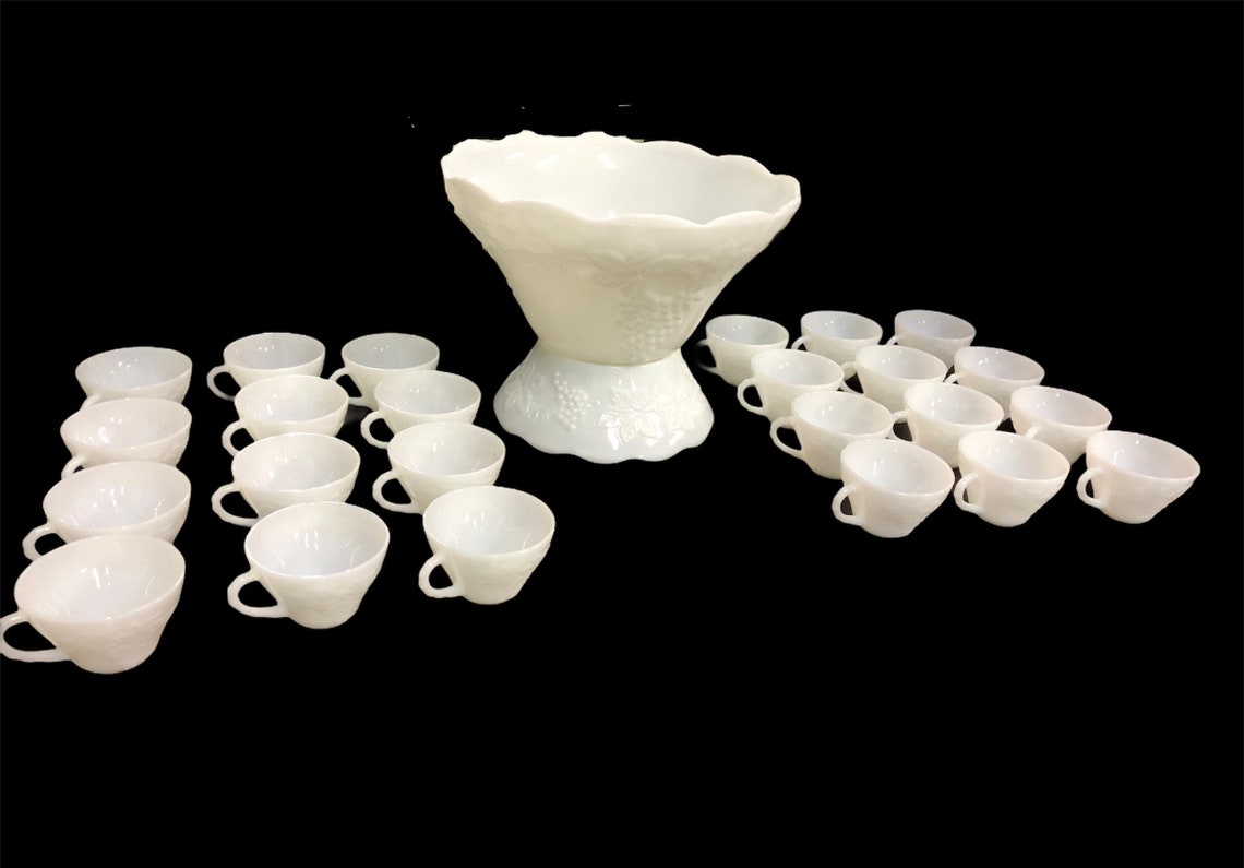Anchor Hocking / milk glass / punch bowl set / 26 pieces / Etsy
