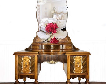 Custom Order Sample Only|Vintage Antique Vanity | Art Nouveau| Art Deco | Wood Grain and Gold | Classy Makup Table | Old World Style | Desk