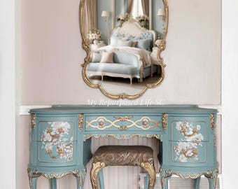 Custom order option! Antiqie Vintage French  Vanity | Victorian Inspired | Blue and Gold Classy Makup Table| Old World | French Provincial