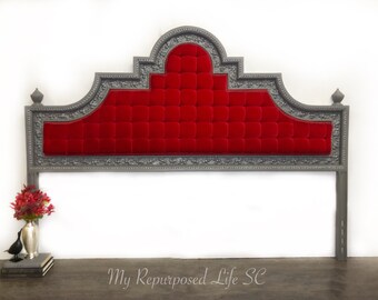 Custom option. Kessler Hollywood Regency King Headboard | Tufted Red Velvet | Gray and Silver Pearlescent | Cast Aluminum