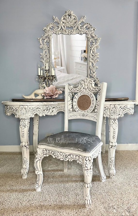 Custom Order Option Baroque Style White and Pink Vanity With Mirror and Chair Writing Desk Dressing Table Etsy