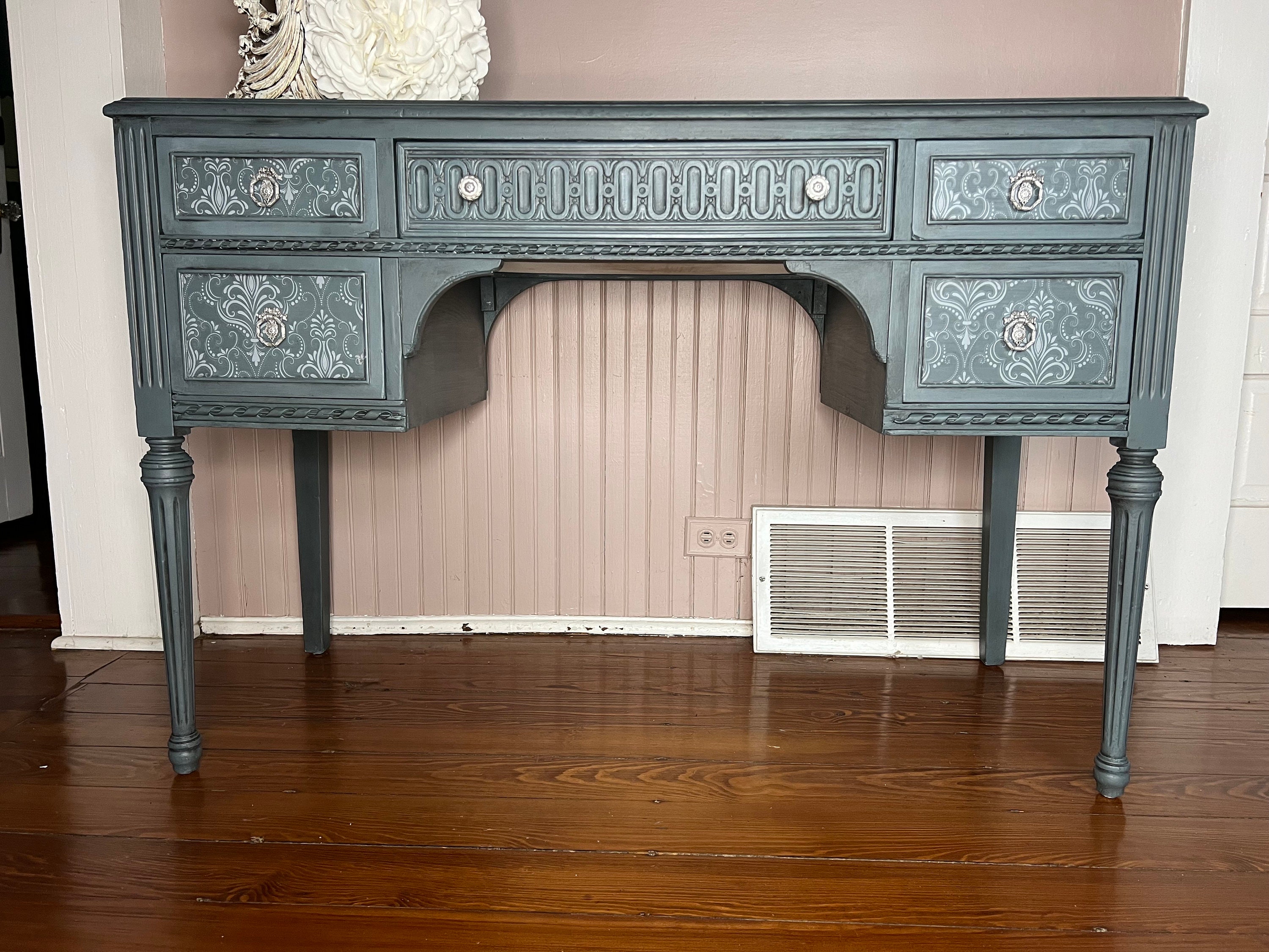 Antique Desk Glam Vanity Blue and Damask Lace Makeup Table Vintage Dressing Table Silver Accents