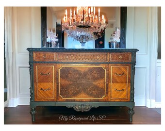 Custom order sample only! Handcrafted Refinished Carved Burl Walnut 5-Drawer Dresser