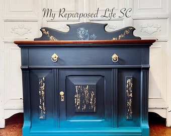 Sample custom order ONLY! Message before purchasing/ Peacock Boho Entry Table/ Storage Cabinet/ Dry Sink/ Teal/ Navy / Gold Leaf Blend
