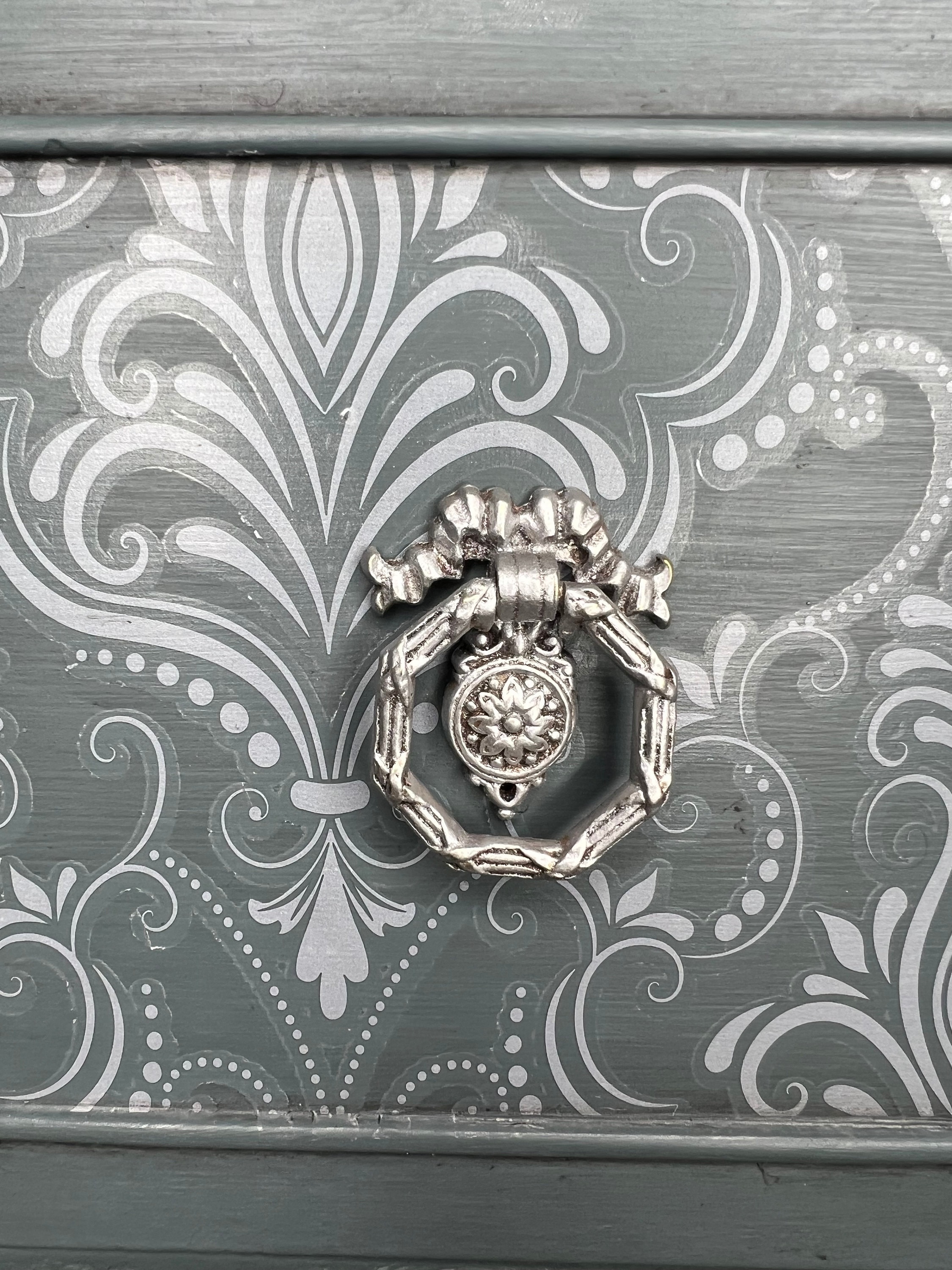 Antique Desk Glam Vanity Blue and Damask Lace Makeup Table Vintage Dressing Table Silver Accents