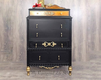 Custom order option! Chest of Drawers Tall Boy Dresser storage Jacobean black and gold