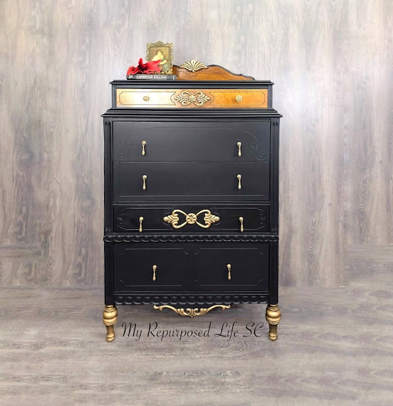 Custom Order Option! Chest of Drawers Tall Boy Dresser Storage Jacobean  Black and Gold - Etsy