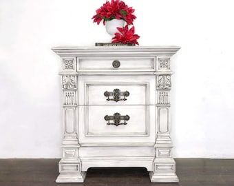 Custom order.  Hand Painted White Accent Table | Nightstand | Antiques Roadshow Pulaski | Country Chic | 3 Drawer Storage | Modern Farmhouse
