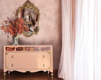 Custom Order Jacobean 5 drawer Dresser| Vintage Chest of Drawers | Romantic Bedroom Furniture | Apricot Peach and Gold Nursery | Rose Accent