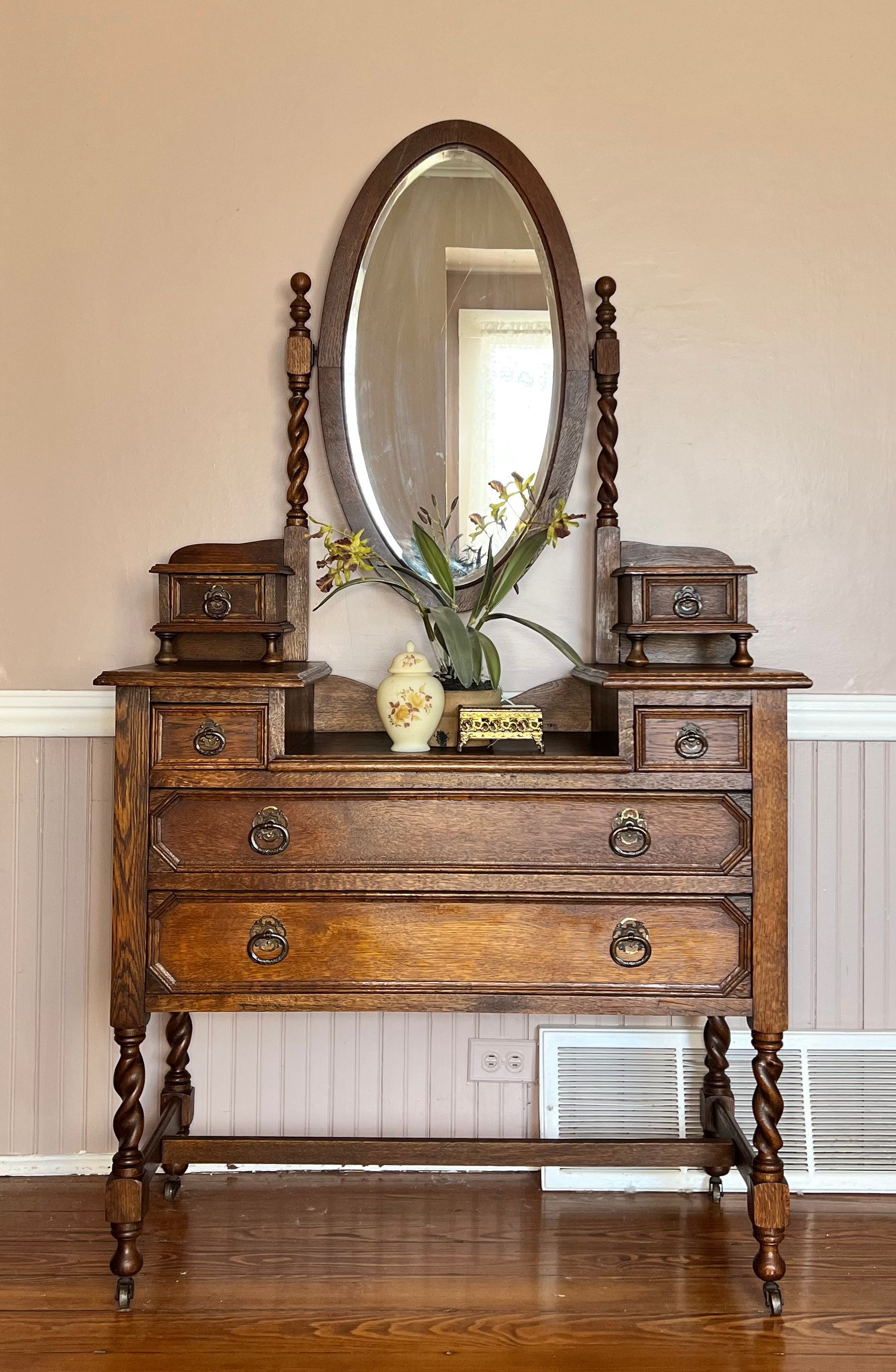 Art Deco 1900s Carved Inlay Makeup Vanity Dressing Table Tri Fold