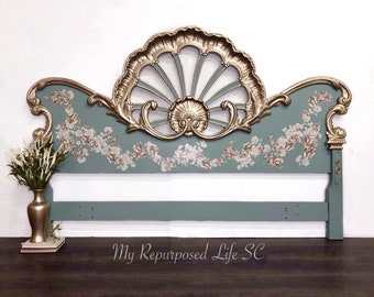 Custom order option! Vintage King Size Headboard. French Country Bedroom Furniture. Ornate Victorian Bed Frame. Floral Farmhouse Headboard.