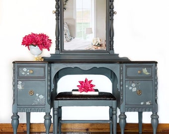 Custom order option! Refinished Antique Vanity with Mirror and Stool | Blue and Floral Farmhouse Makeup Table | Vintage Dressing Table