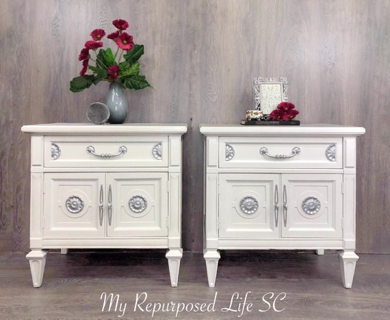 Custom order option! Pair of Nightstands/ White and Silver Hollywood Regency/ End Tables/ Accent Tables/ Storage/ Nightstand