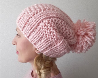 Chunky Slouchy Hat, Large Pom Beanie, Chunky Beanie, Chunky Knit Hat, Slouchy Hat, Slouchy Beanie, Oversized,  Hand Knit Hat, Pink Hat