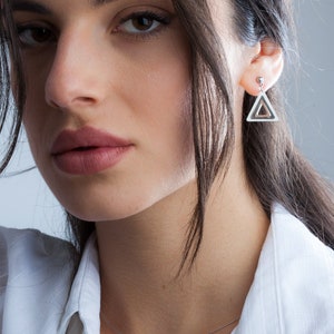 Mini Triangles Stud Earrings, Geometric stainless steel minimalist studs, Hypoallergenic dainty earrings, Elegant shining jewelry for her image 1