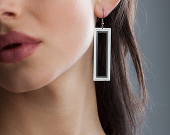 Stainless steel earrings Illusion Rectangles - Geometric steel hypoallergenic jewelry - Minimalist 3D dainty earrings for woman