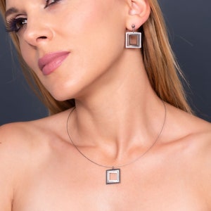 Stainless steel Jewelry Set, Necklace and Stud Earrings Illusion Square, Shining geometric jewelry, Dainty hypoallergenic elegant jewelry image 1