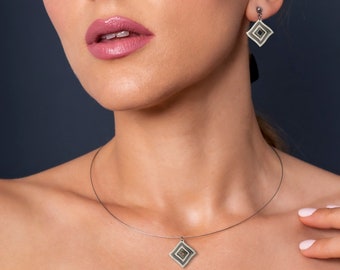 Stainless steel Jewelry Set, Necklace and Stud Earrings Illusion Rhombus, Shining geometric jewelry, Dainty hypoallergenic elegant jewelry