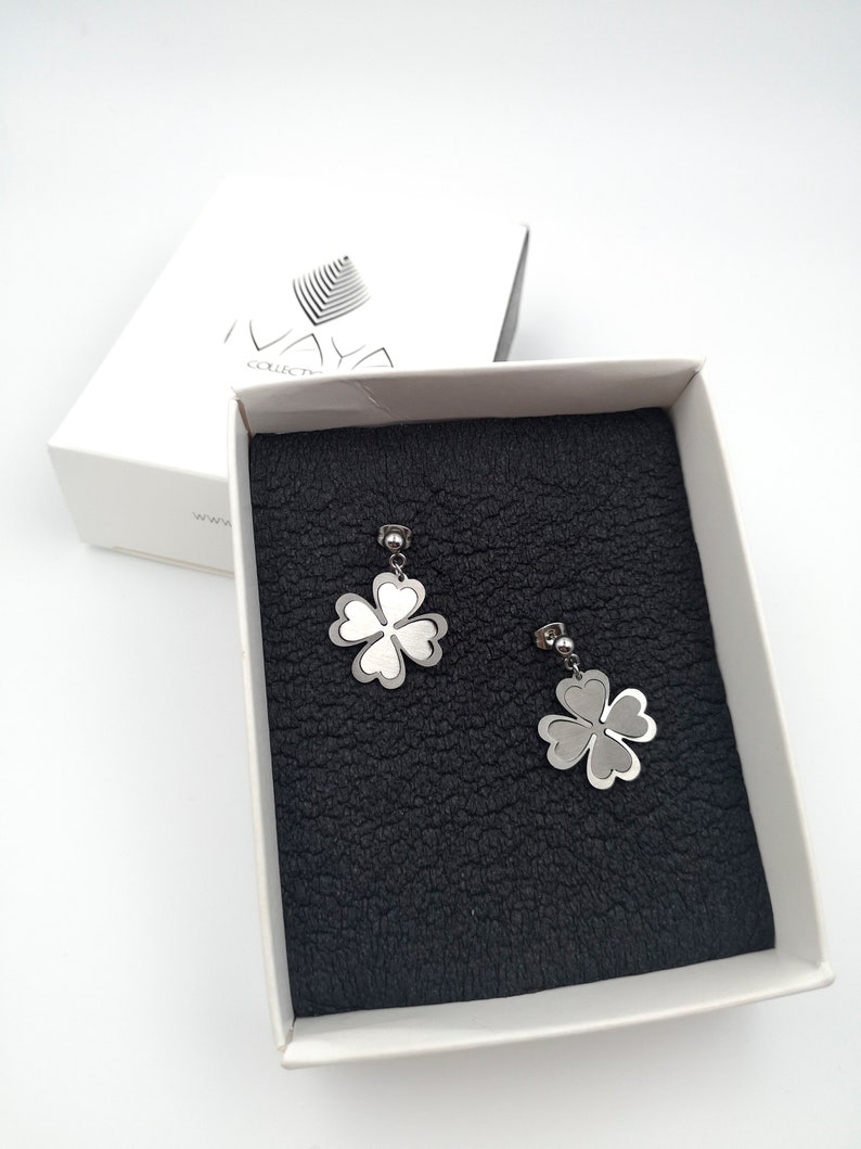 Four Leaf Clover Stud Earrings, Stainless steel minimalist jewelry, Minimalist 3d special shining earrings, Dainty lucky clover earrings image 7