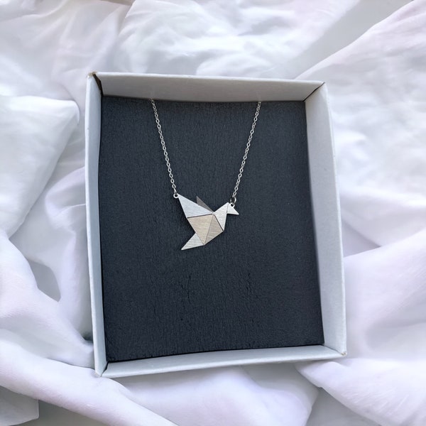 Origami Bird necklace • Geometric stainless steel minimalist jewelry with 3d design and special shining effect • Waterproof origami jewelry