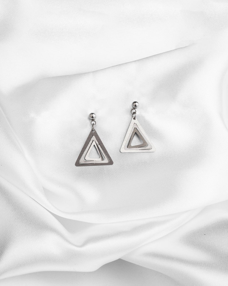 Mini Triangles Stud Earrings, Geometric stainless steel minimalist studs, Hypoallergenic dainty earrings, Elegant shining jewelry for her image 3
