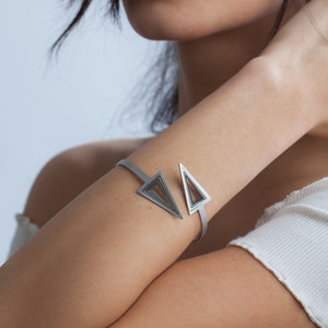 Illusion Triangles Bracelet Geometric stainless steel jewelry for her Trendy 3d open cuff bracelet Dainty shining bracelet for woman image 1